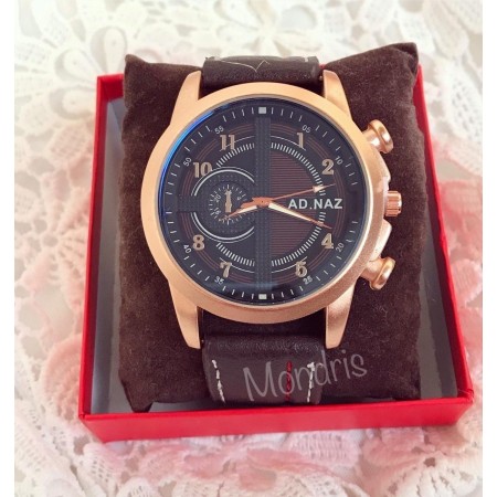 Ceas barbati casual maro cu cadran decorativ si curea din piele ECO